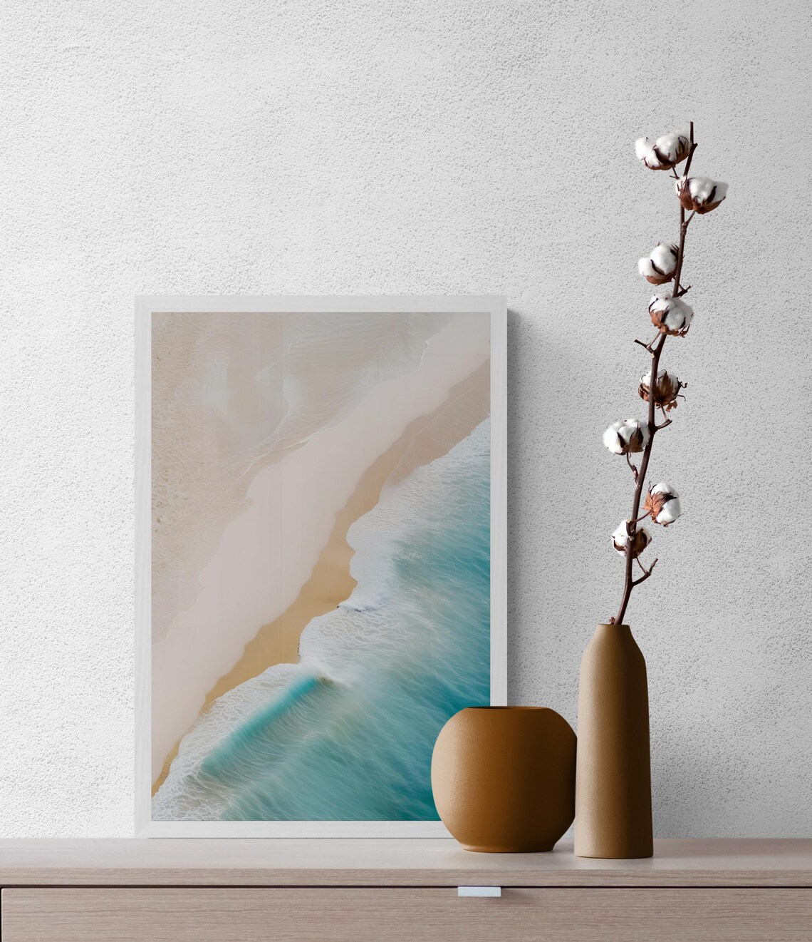 Aerial Beach Shoreline Turquoise Waves Minimal Ocean Photography Art Poster
