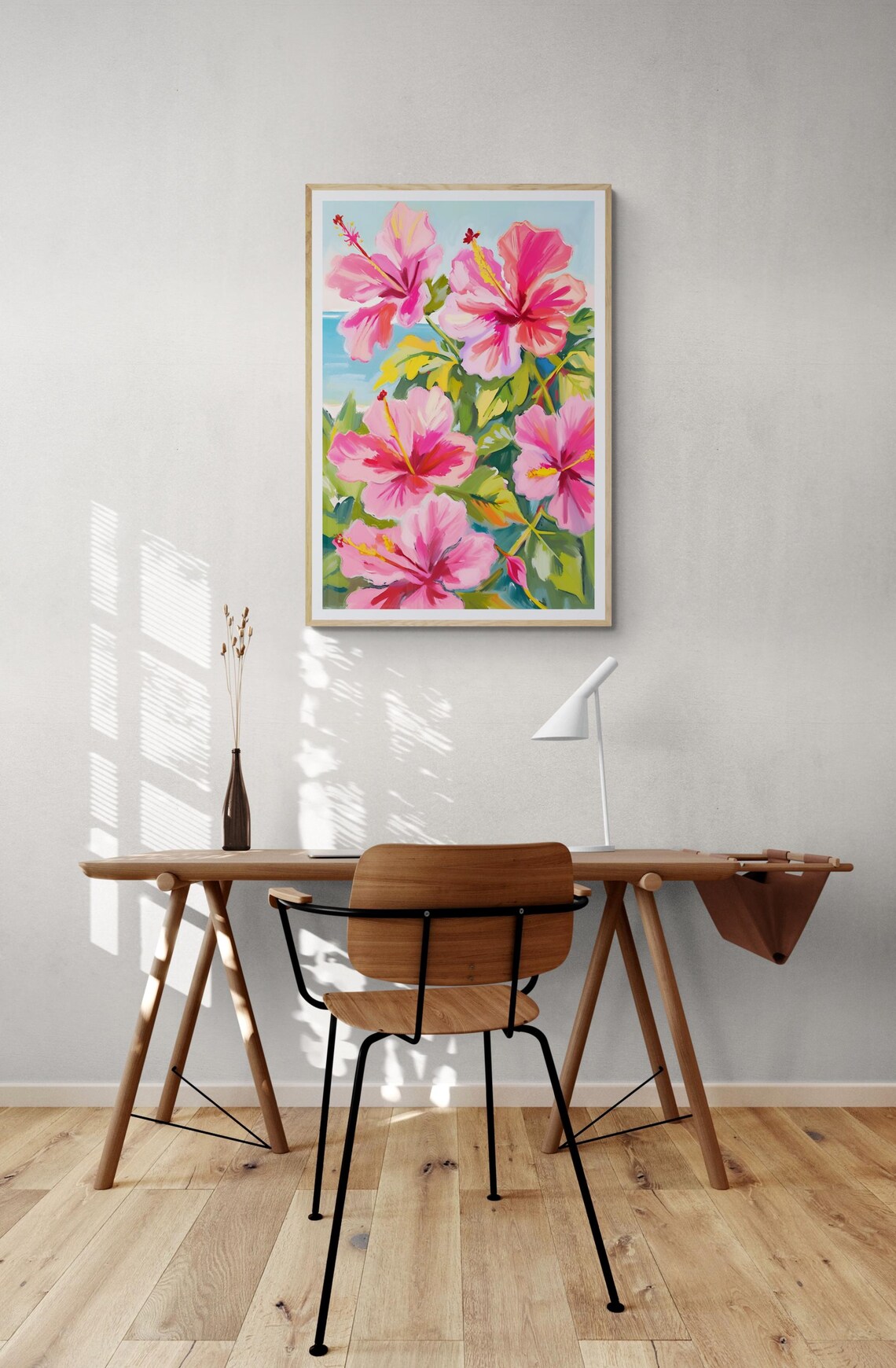 Pink Hibiscus Blooms Ocean Backdrop Tropical Coastal Floral Wall Art Poster - Image 4