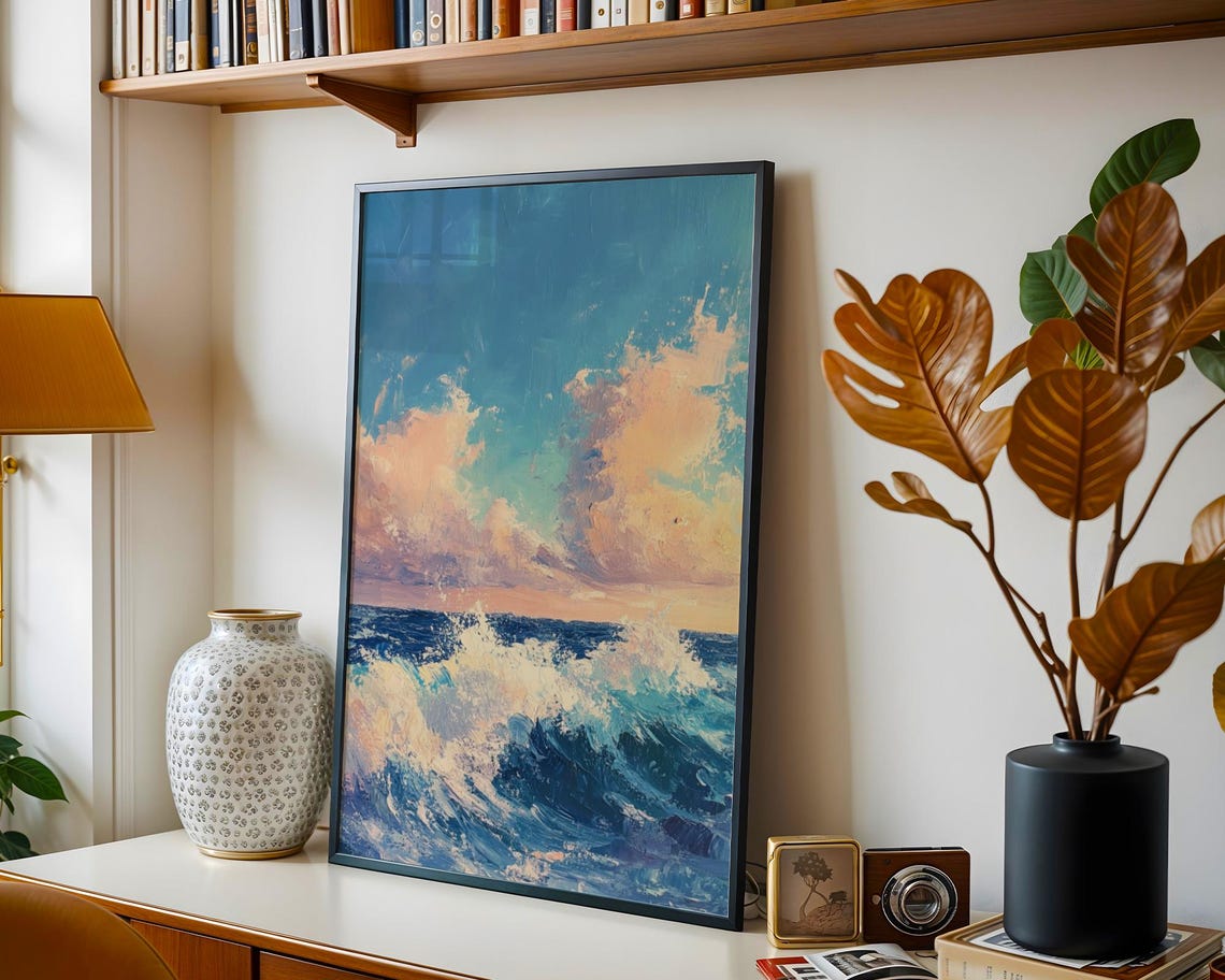 Crashing Ocean Waves Pastel Clouds Impressionist Seascape Art Poster - Image 4