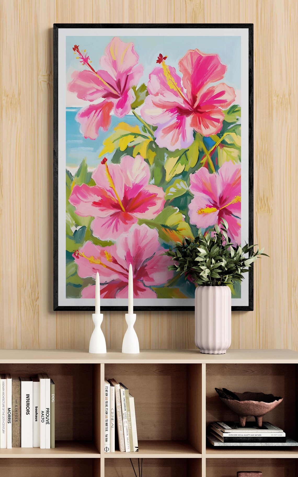 Pink Hibiscus Blooms Ocean Backdrop Tropical Coastal Floral Wall Art Poster - Image 3