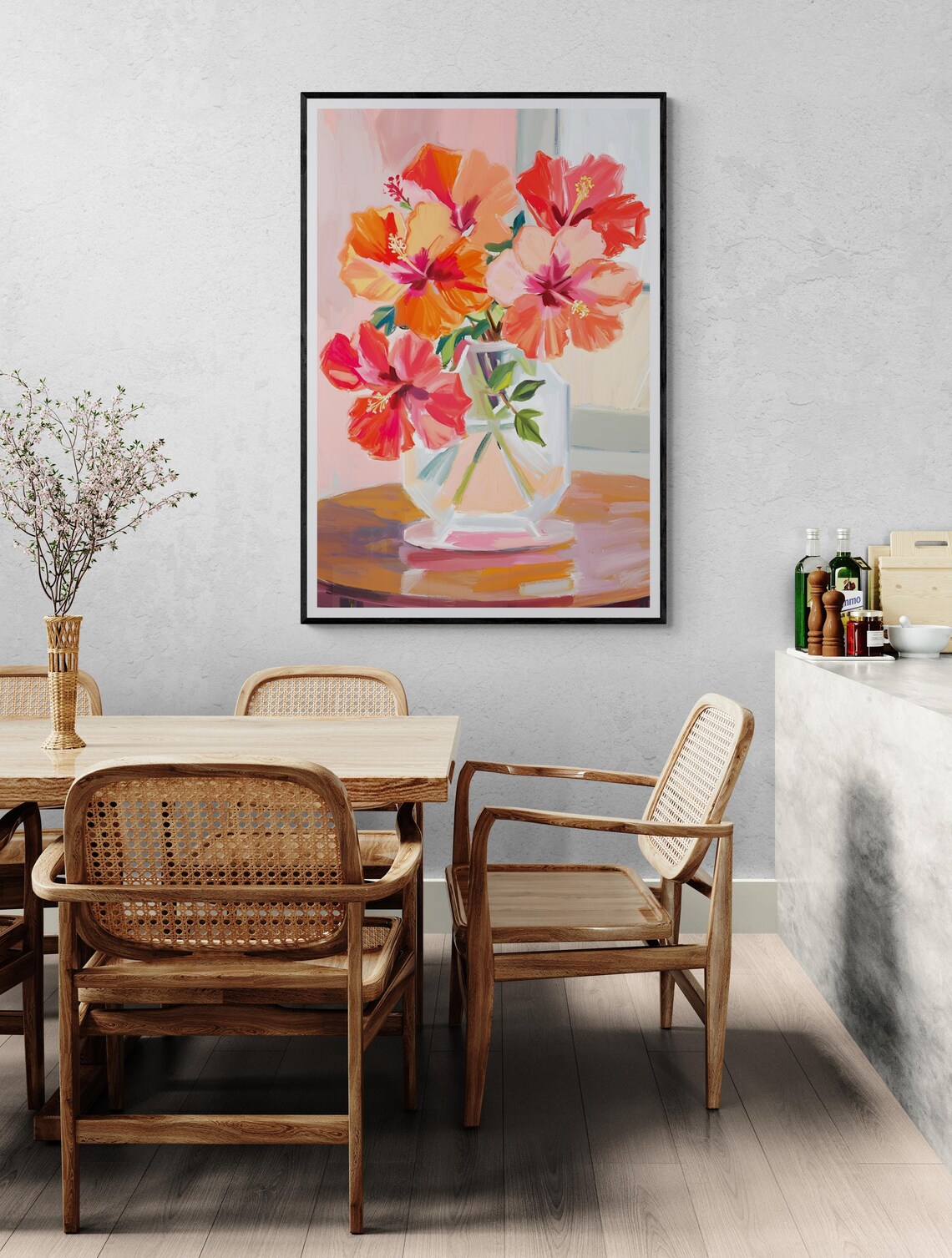 Coral Hibiscus In Glass Vase Sunlit Still Life Tropical Floral Art Poster - Image 3