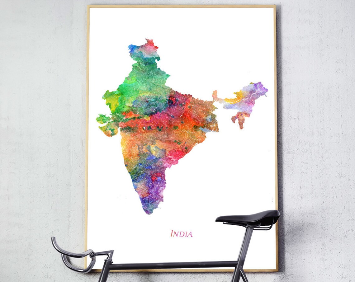 India Map Watercolor Art Print, Travel Poster