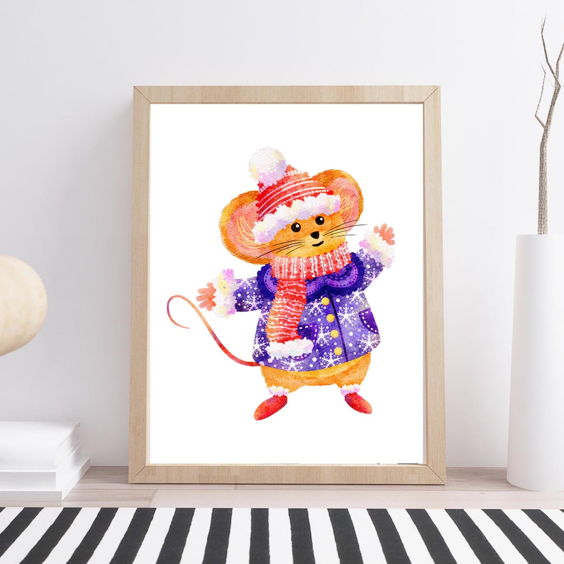 Cute Christmas Mouse Winter Clothes Watercolor Holiday Kids Art Poster - Image 3