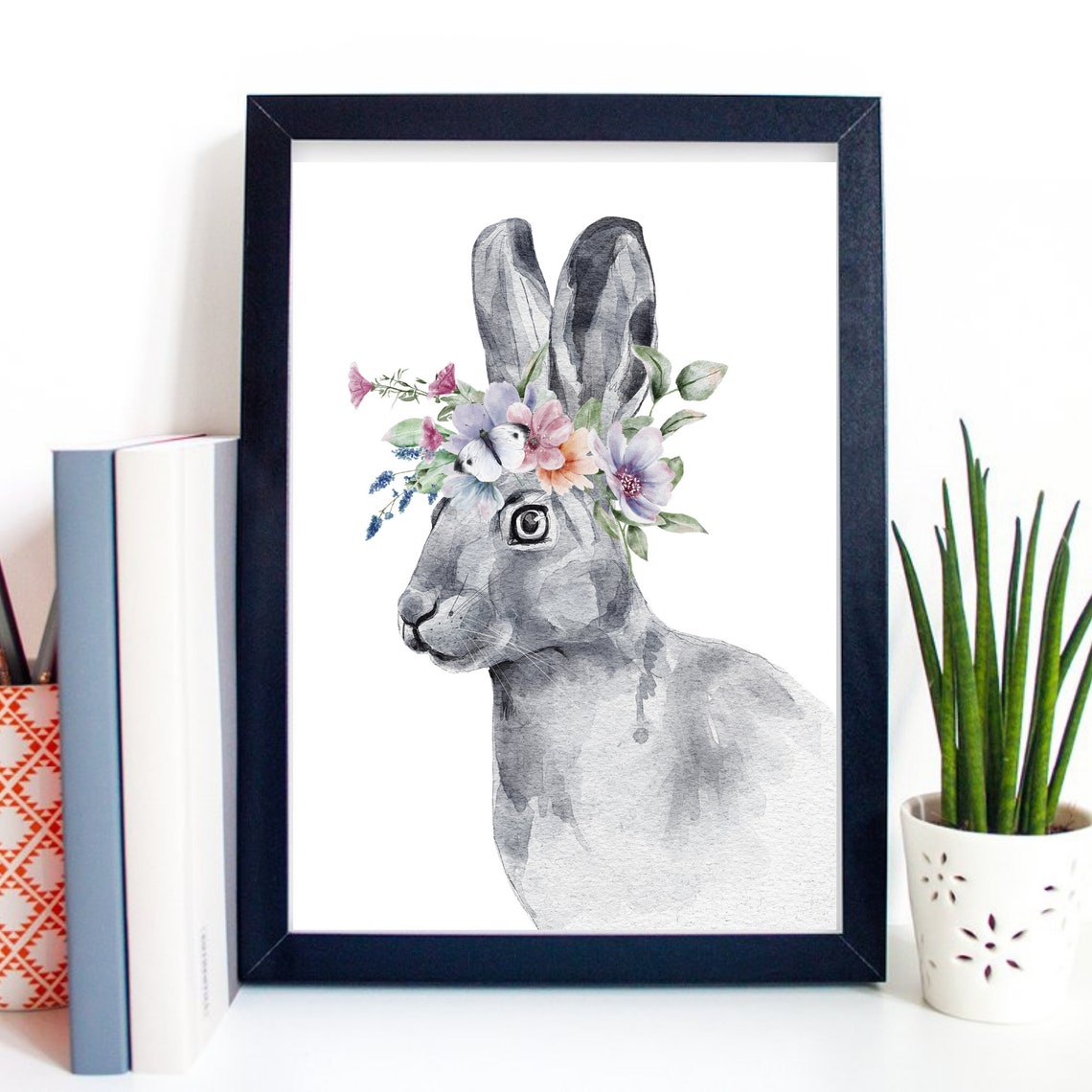 Grey Rabbit With Pastel Flower Wreath Watercolor Bunny Wall Art Poster - Image 2