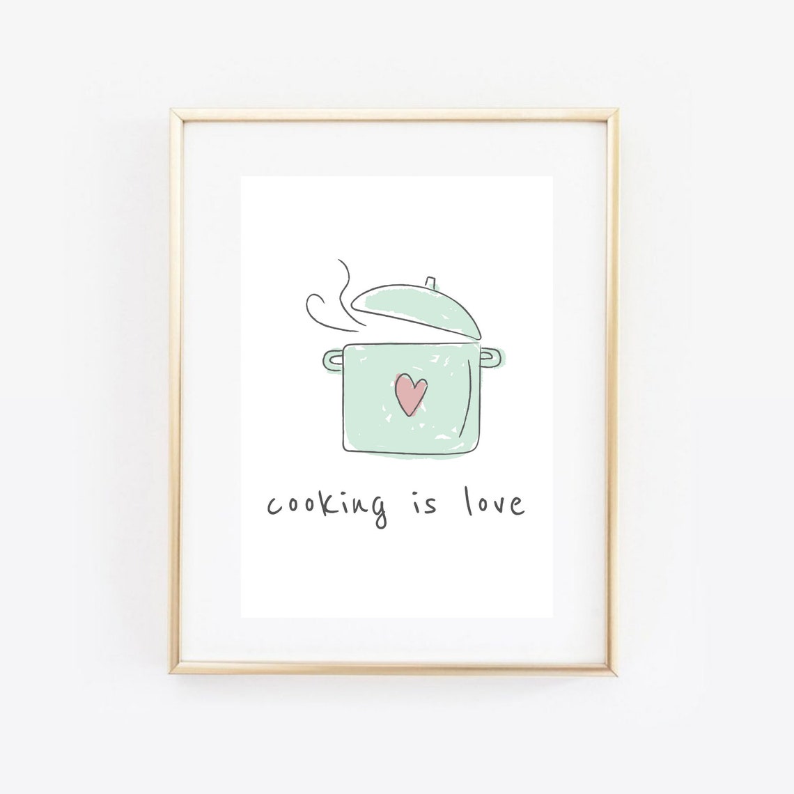 Cooking Is Love Mint Green Pot Heart Doodle Kitchen Quote Wall Art