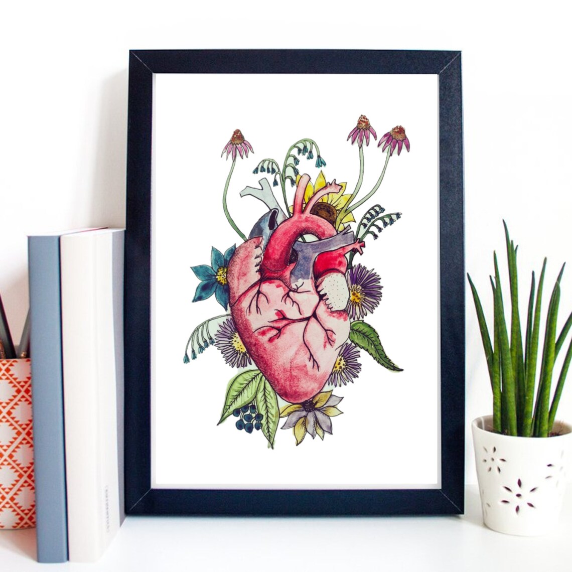 Floral Anatomical Human Heart Watercolor Botanical Wall Art Print - Image 3