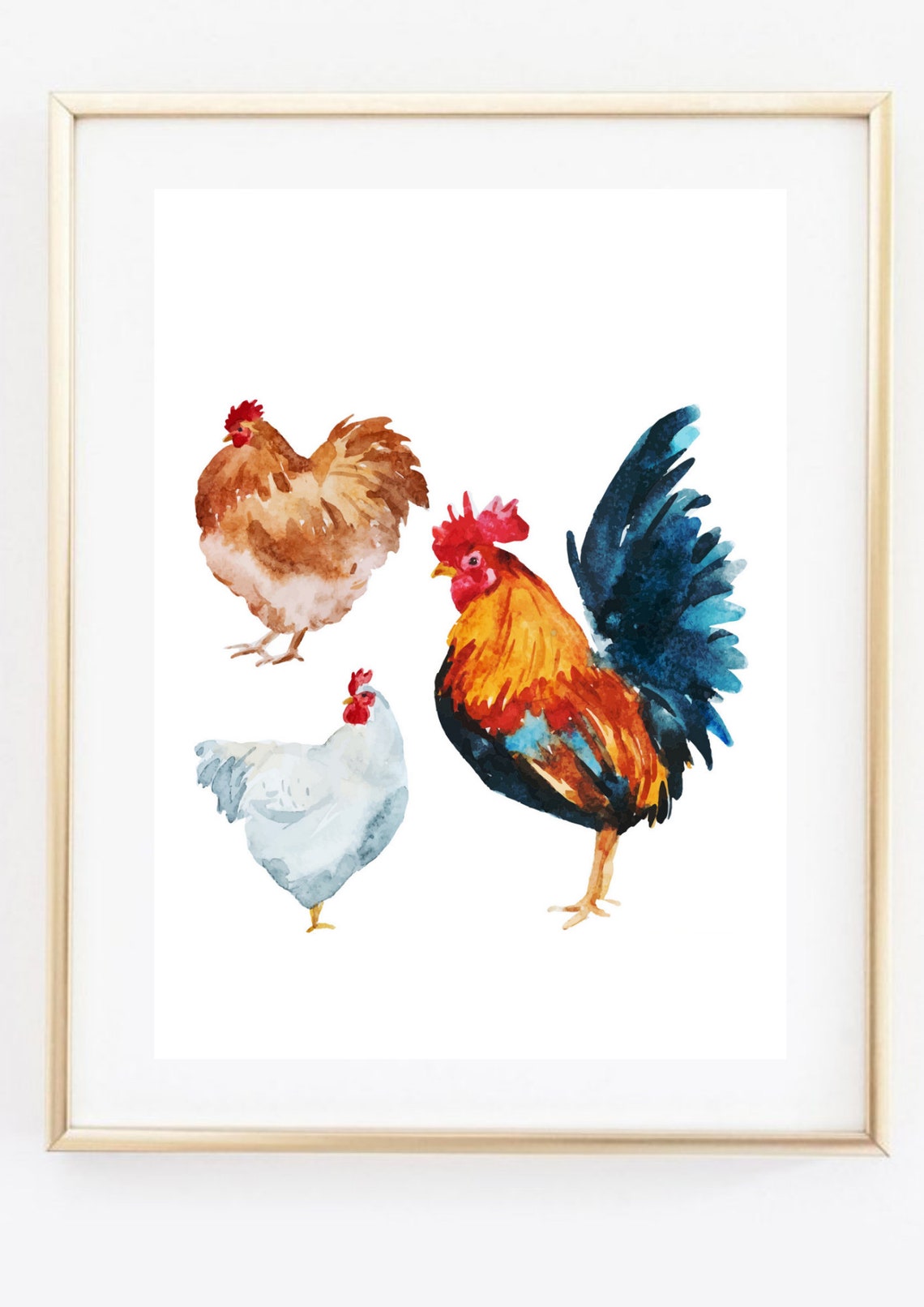 Rooster and Hens Watercolor Farm Birds Rustic Kitchen Wall Art - Image 2