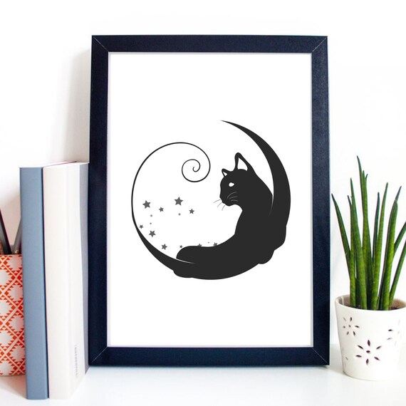 Din A4 Art Print Without Frame Cat In The Moon Cat Love Cats Gothic Wicca Magic Typography Print Poster