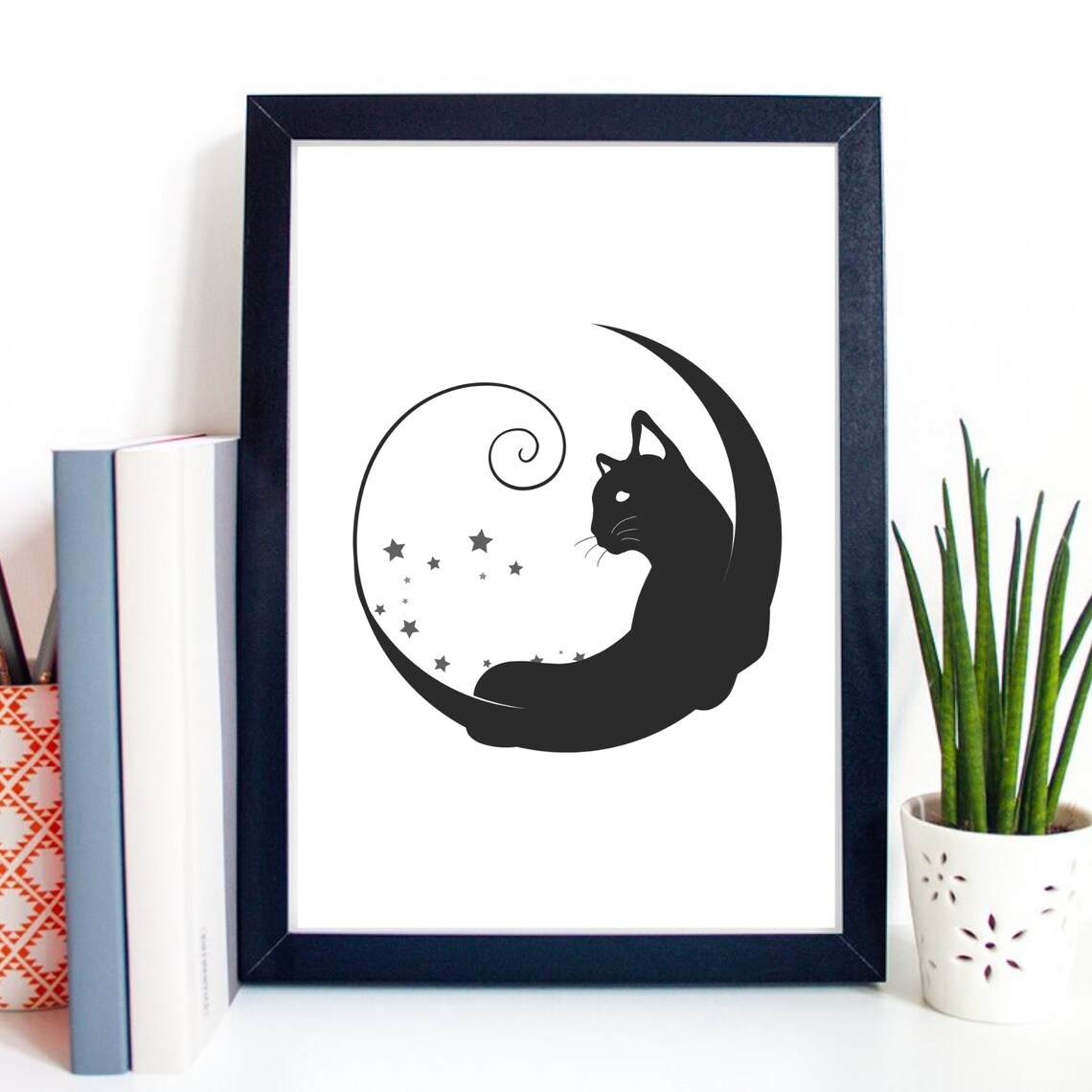 Din A4 Art Print Without Frame Cat In The Moon Cat Love Cats Gothic Wicca Magic Typography Print Poster