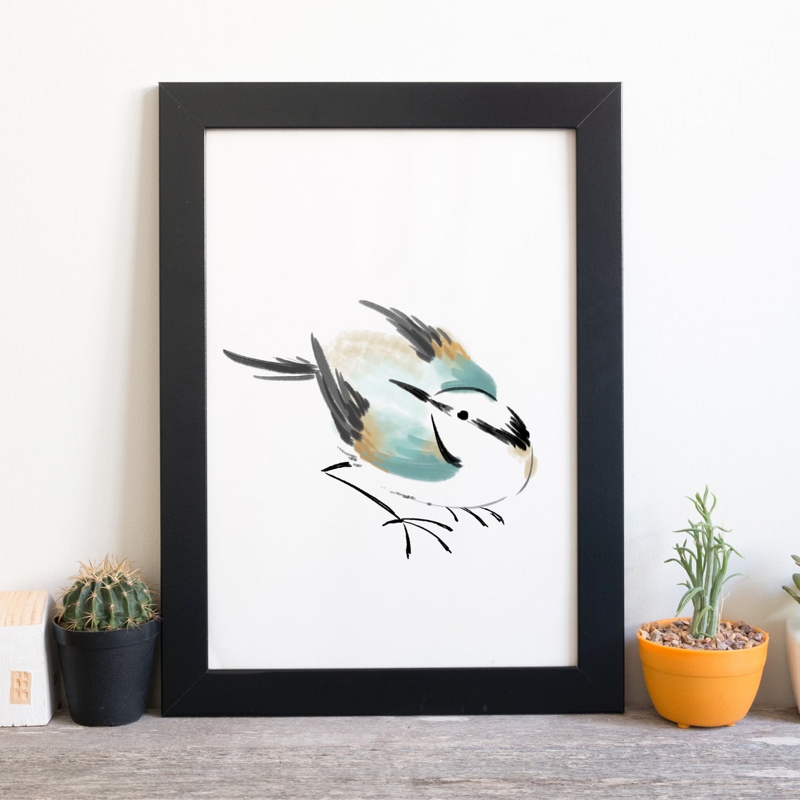 Minimalist Ink Bird Painting Turquoise Beige Nature Watercolor Poster - Image 3