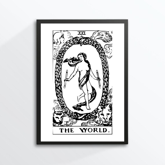 The World XXI Tarot Card Vintage Rider Waite Black White Mystical Art Print