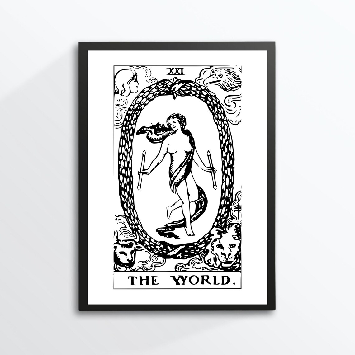 The World XXI Tarot Card Vintage Rider Waite Black White Mystical Art Print