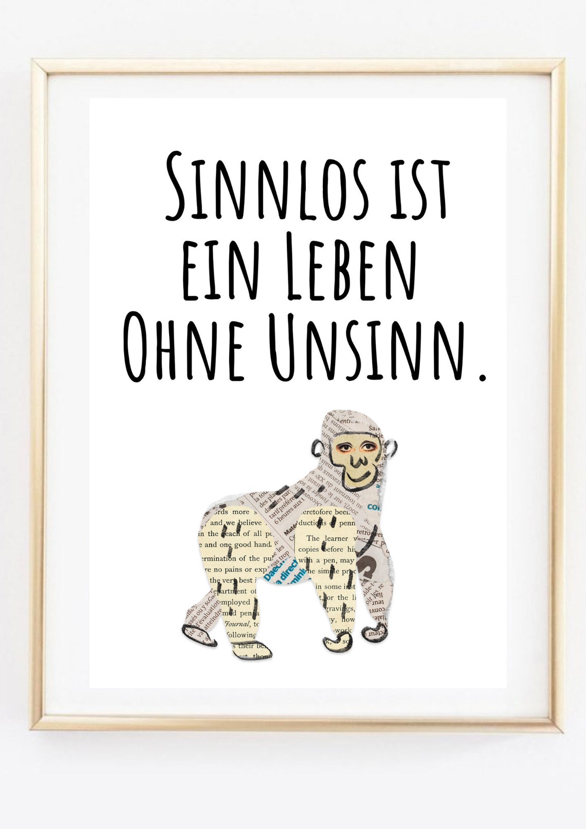German Quote Newspaper Monkey Life Is Nonsense Funny Typography Poster - Image 3