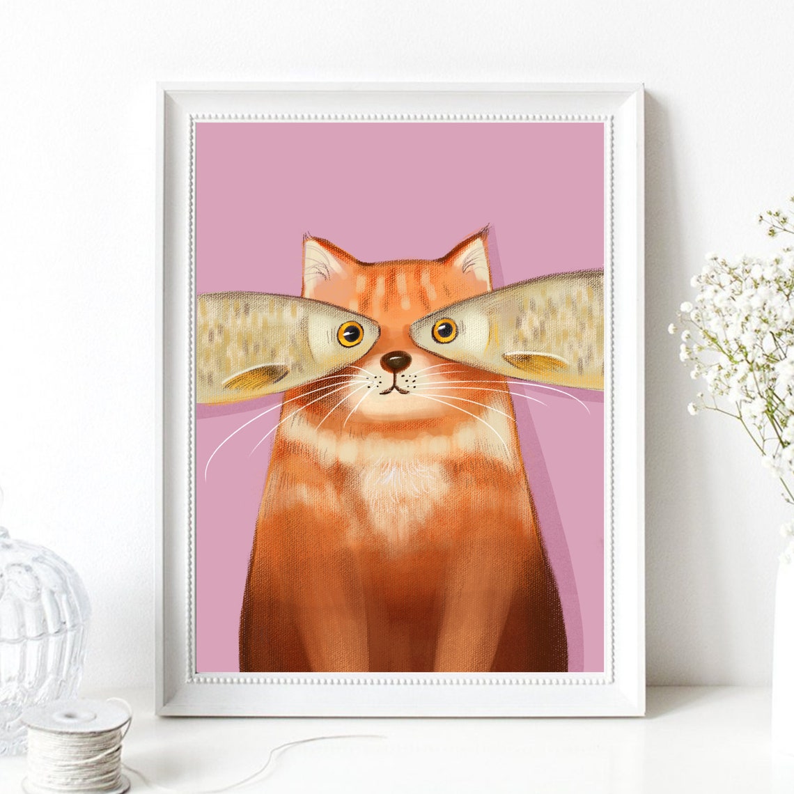 Funny Orange Cat Fish Over Eyes Whimsical Pink Cat Art Poster - Image 2
