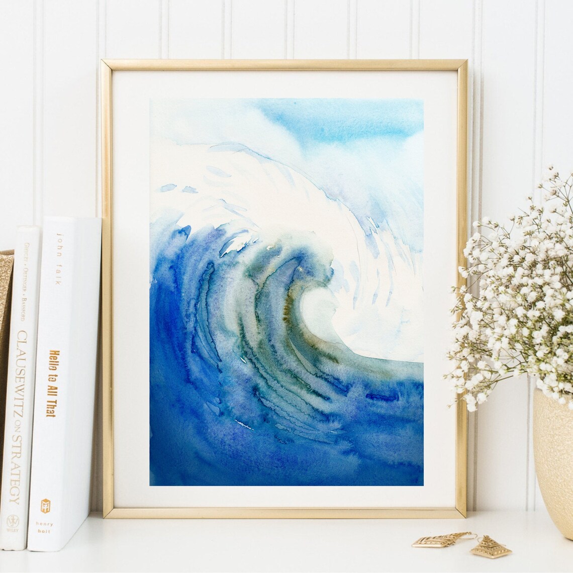Blue Ocean Wave Watercolor Surf Surfing Beach Coastal Wall Art Print
