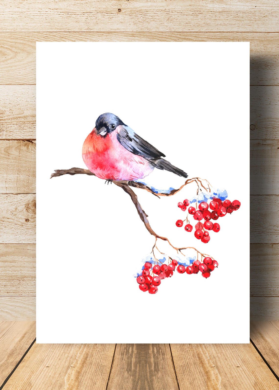Red Bullfinch Perched on Snowy Red Berries Branch Watercolor Print - Image 3