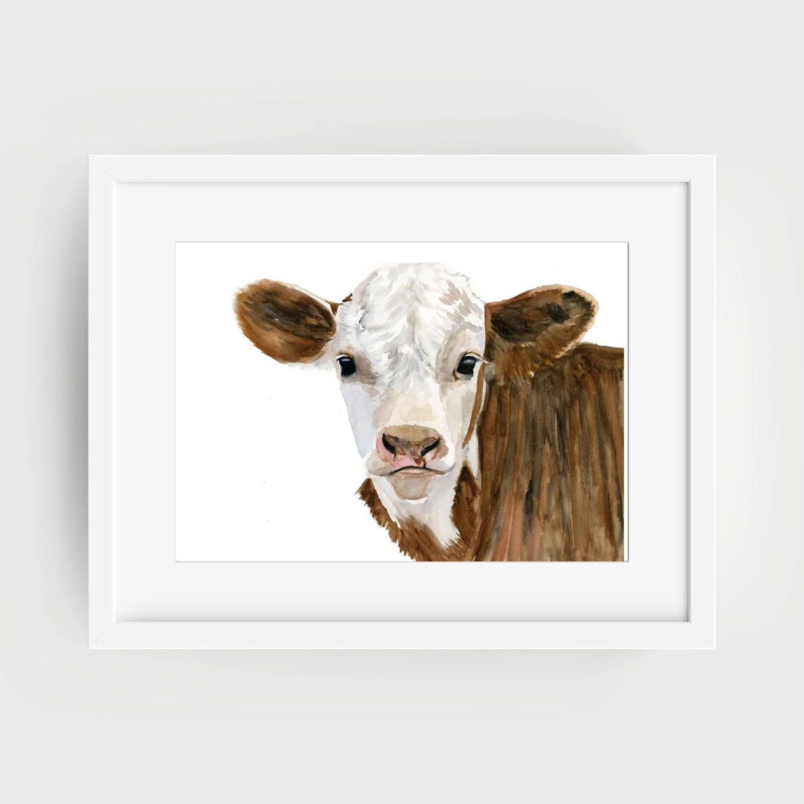 Calf Portrait Watercolor Brown White Baby Cow Cute Farm Animal Poster - Image 2