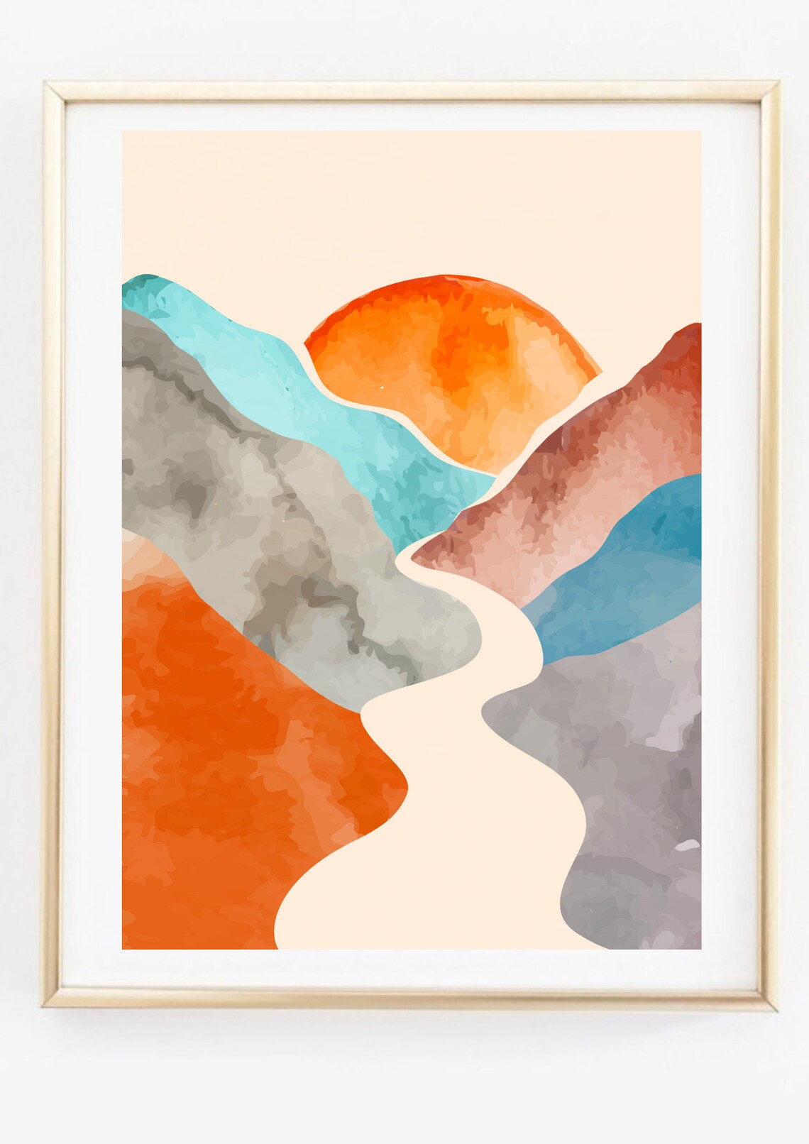 Din A4 Art Print Without Frame Abstract Landscape With Sun Mountains River Modern Art Picture Poster Print - Image 3