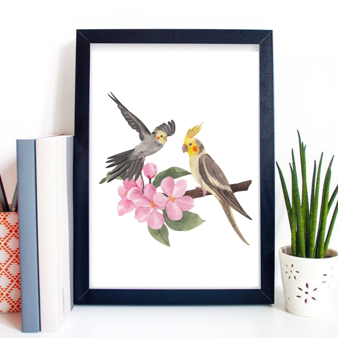 Two Cockatiels with Pink Blossoms Watercolor Parrot Bird Art Poster - Image 2