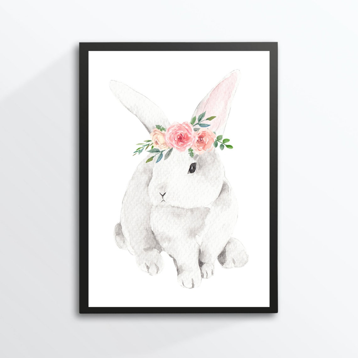 White Bunny Flower Crown Watercolor Rabbit Cute Nursery Animal Poster - Image 2