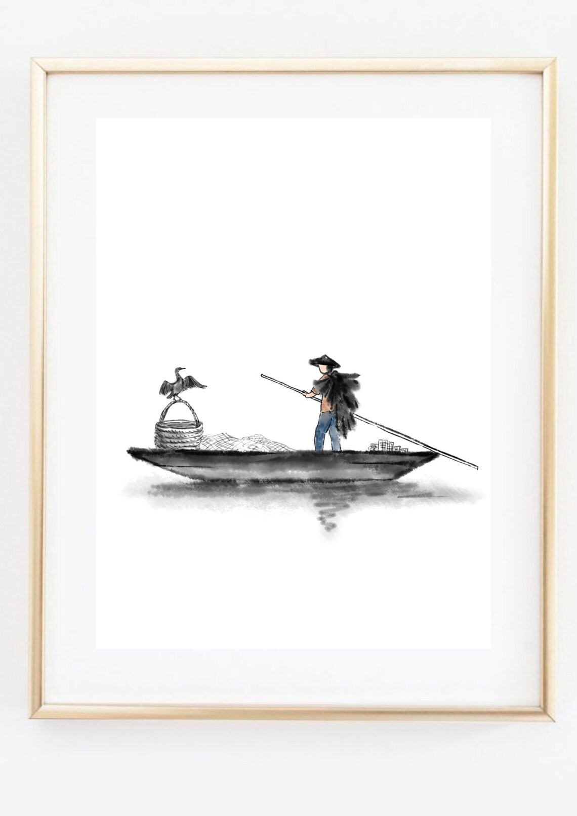 Cormorant Fisherman Ink Wash Asian Boat Scene Watercolor Poster - Image 2