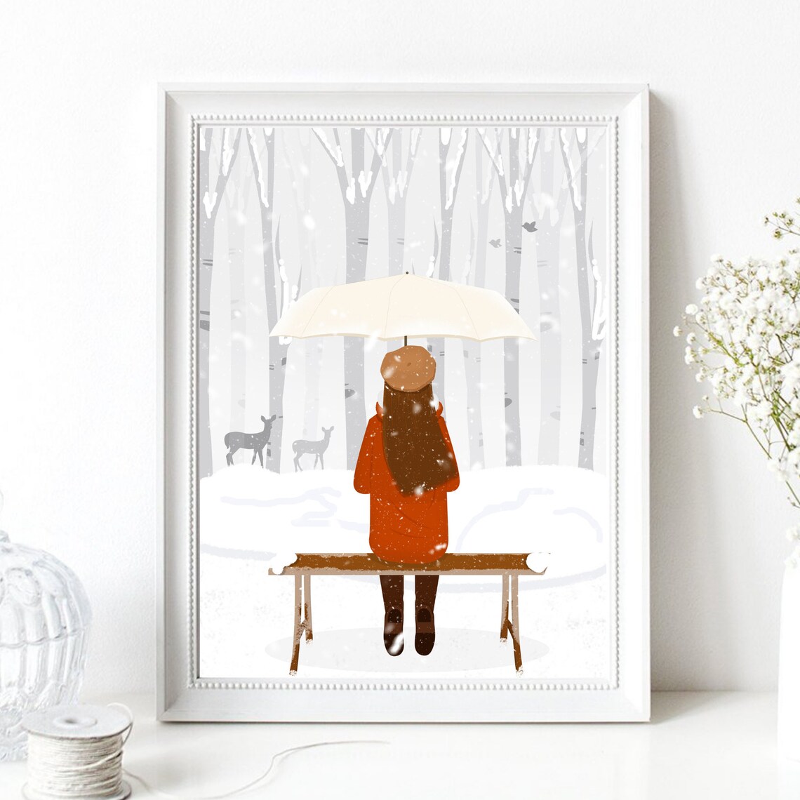 Girl With Umbrella Snowy Winter Forest Deer Bench Cozy Wall Art Print