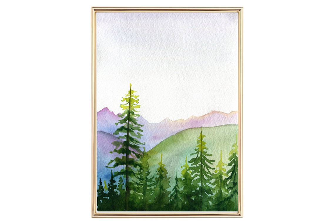 Green Pine Forest Watercolor Purple Mountain Landscape Art Poster - Image 2
