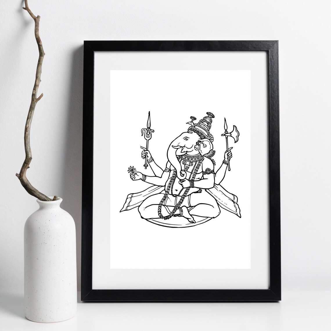 Hindu God Ganesha Seated Elephant Head Black Line Art Spiritual Print