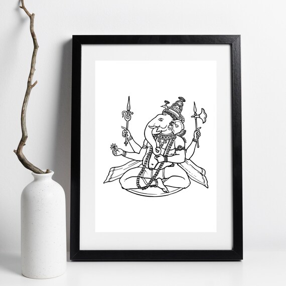 Hindu God Ganesha Seated Elephant Head Black Line Art Spiritual Print