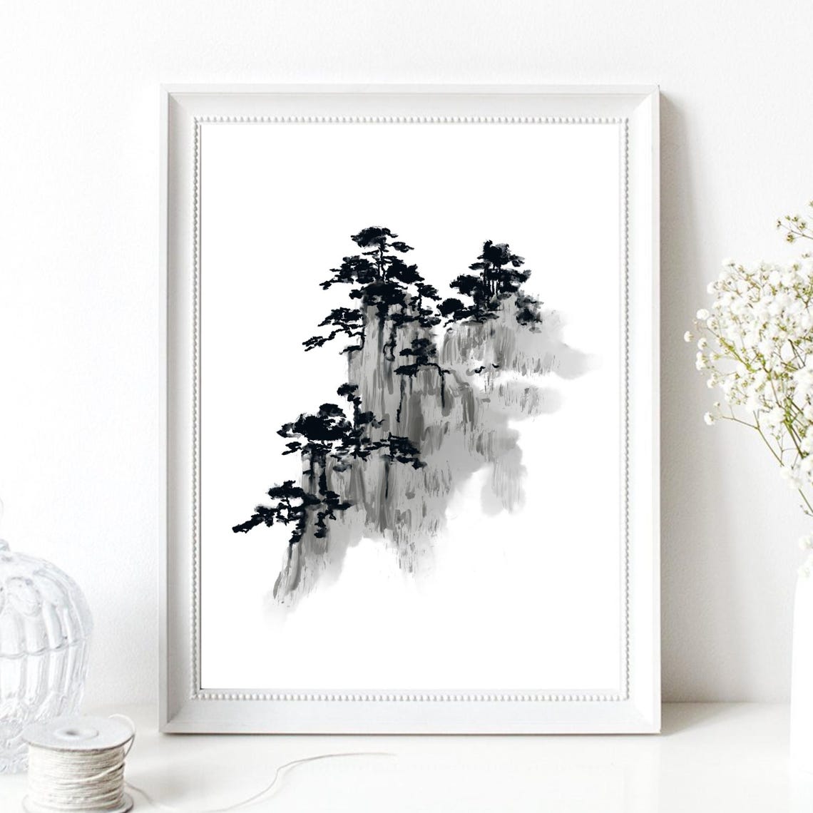 Asian Ink Pine Trees Mountain Cliff Sumi E Misty Japanese Art Poster