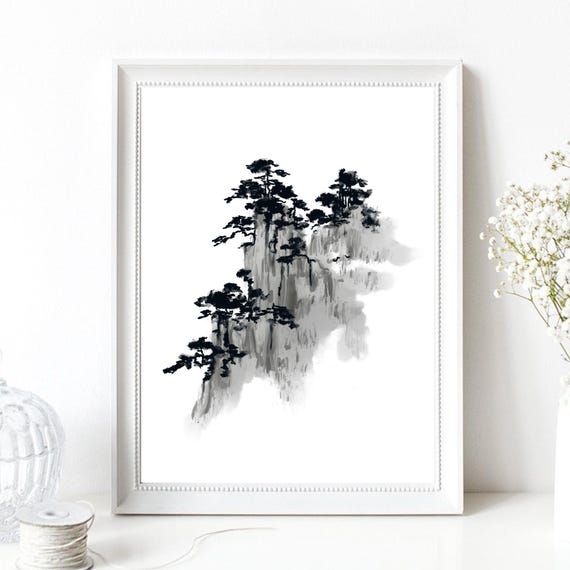 Din A4 Art Print Without Frame Fir Trees On The Mountain Pine Forest Pine Rocks Asian Ink Watercolor Japan China Picture Print Poster