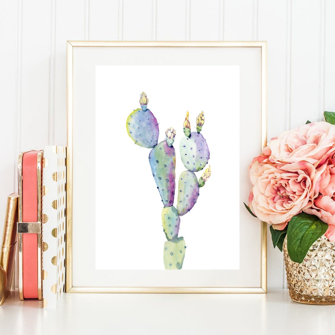 Purple Prickly Pear Column Cactus Watercolor Botanical Wall Art