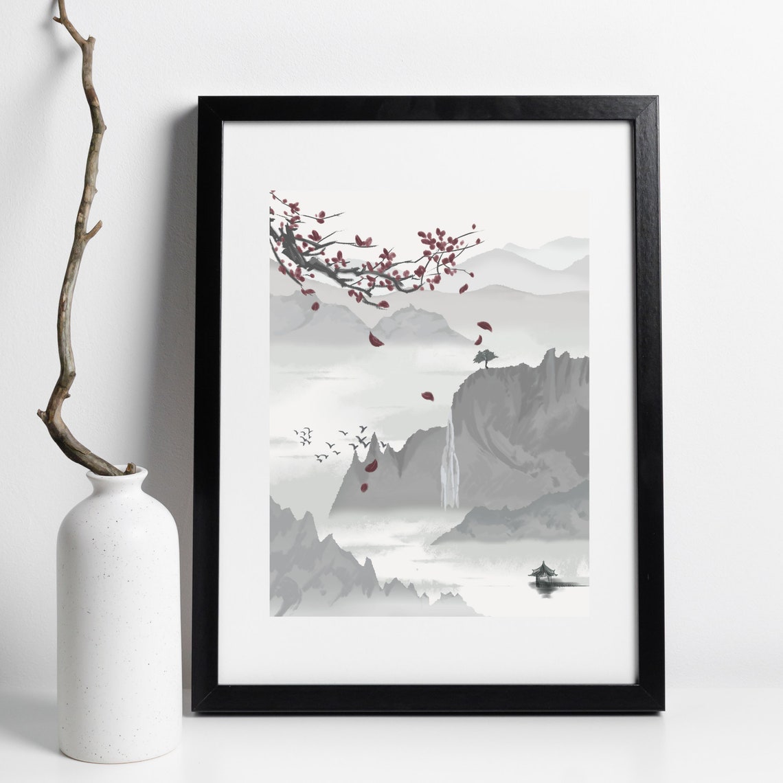 Asian Ink Wash Mountain Waterfall Pagoda Red Blossom Petals Poster - Image 2