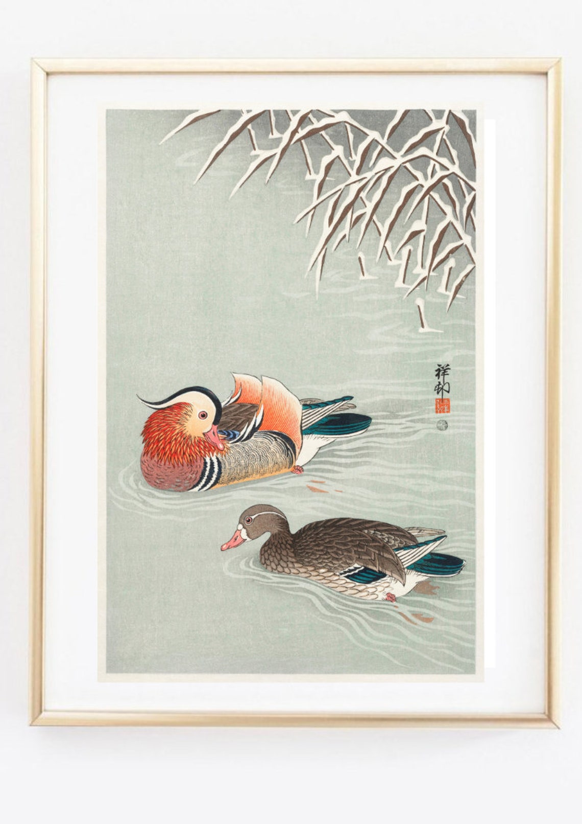 Mandarin Ducks Snow Branches Japanese Woodblock Style Bird Art Print - Image 2
