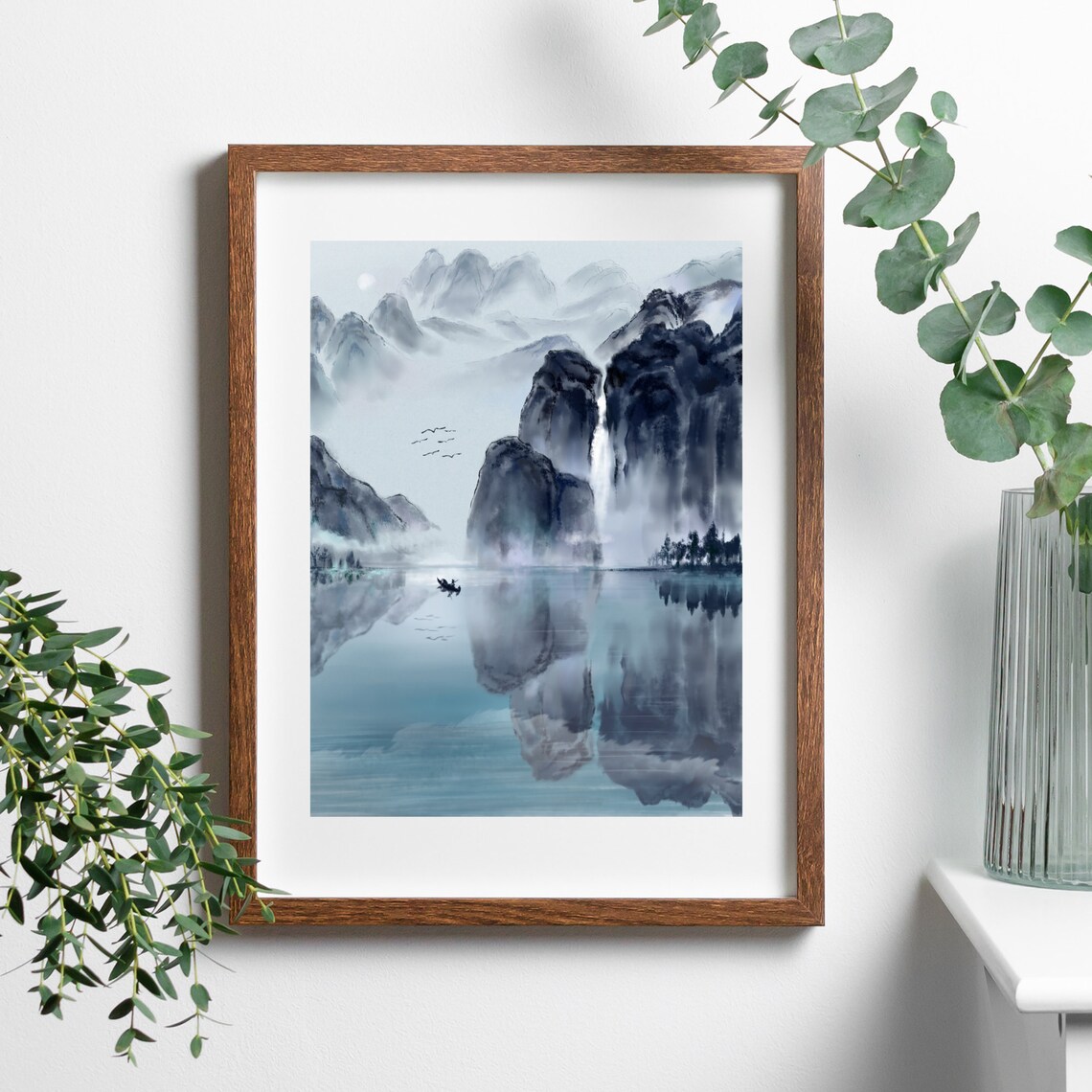 Chinese Ink Painting Misty Mountains Lake Fisherman Watercolor Print Poster