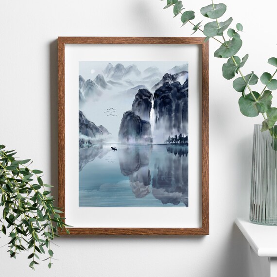 Chinese Ink Painting Misty Mountains Lake Fisherman Watercolor Print Poster