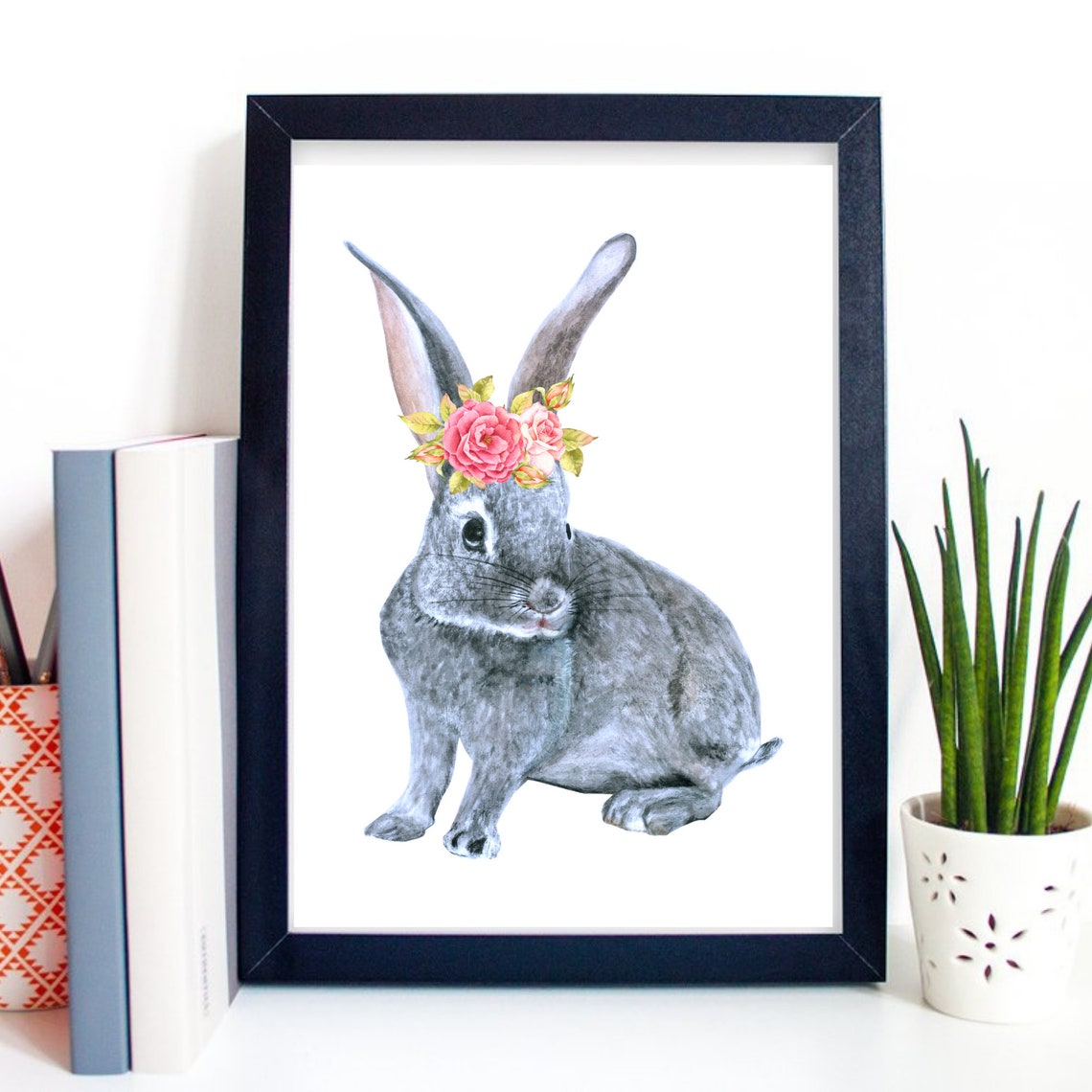 Grey Bunny With Pink Rose Flower Crown Watercolor Nursery Art Poster