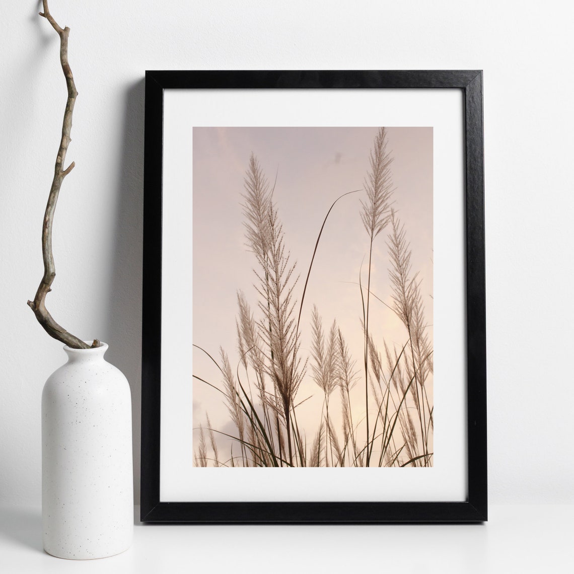 Tall Grass Silhouettes Against Pink Sunset Sky Photo Art Print