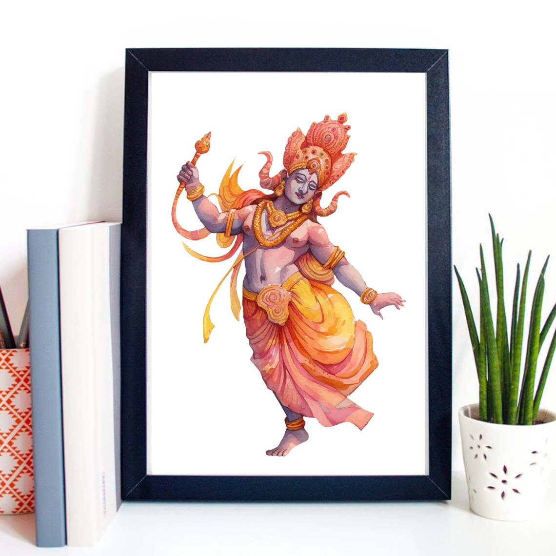 Dancing Vishnu Watercolor Hindu God Orange Yellow Spiritual Wall Poster - Image 2