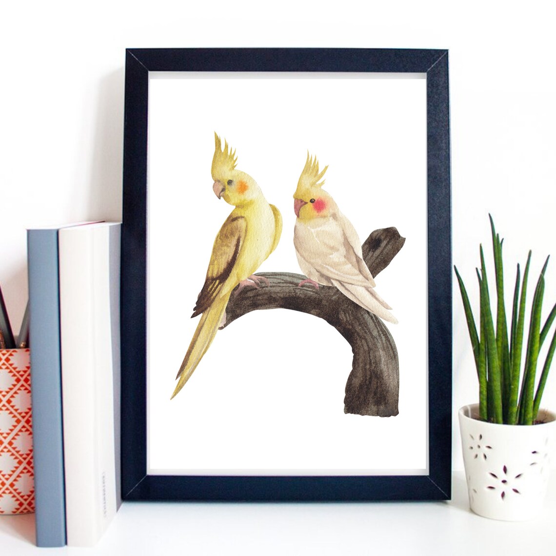 Yellow Cockatiel Parrot Pair on Branch Watercolor Bird Art Print - Image 2