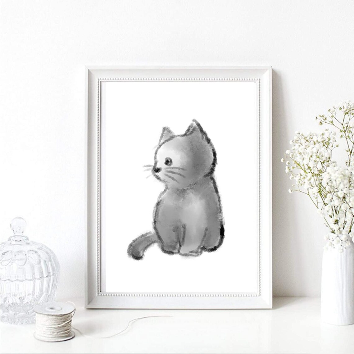Gray Ink Wash Kitten Sitting Minimal Cute Cat Watercolor Wall Art
