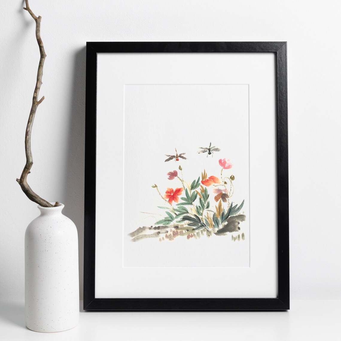 Wildflower Meadow Dragonflies Ink Wash Asian Watercolor Wall Art - Image 2