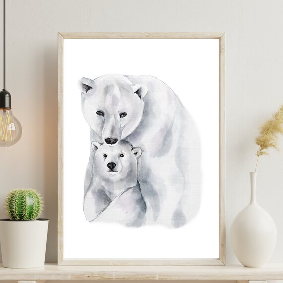 Polar Bear Mother And Cub Watercolor Arctic Nursery Animal Poster