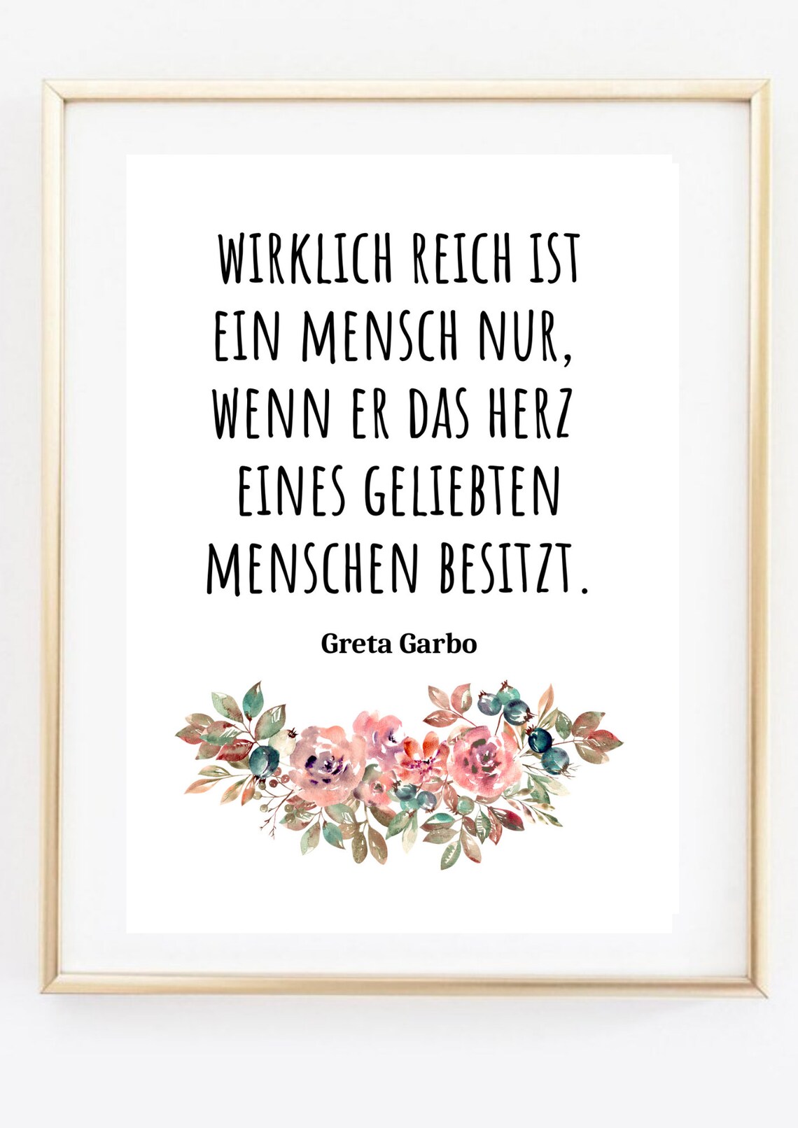 Greta Garbo Love Quote with Watercolor Floral Garland Wall Poster