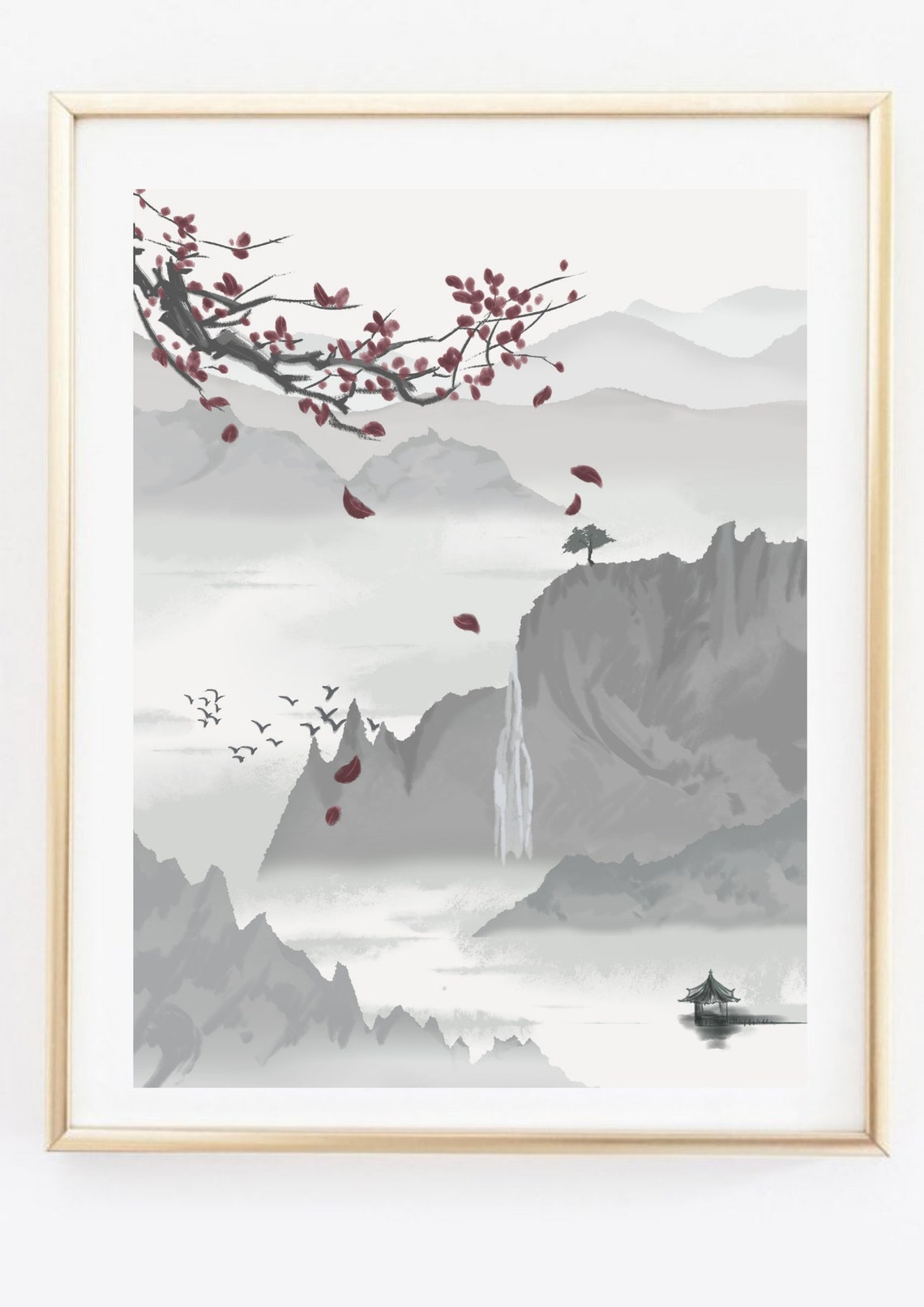 Asian Ink Wash Mountain Waterfall Pagoda Red Blossom Petals Poster - Image 3