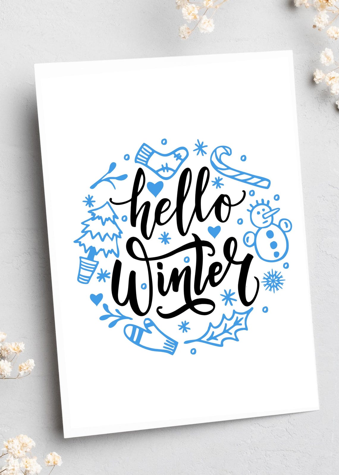 Hello Winter Blue Winter Doodle Wreath Hand Lettered Holiday Poster - Image 3