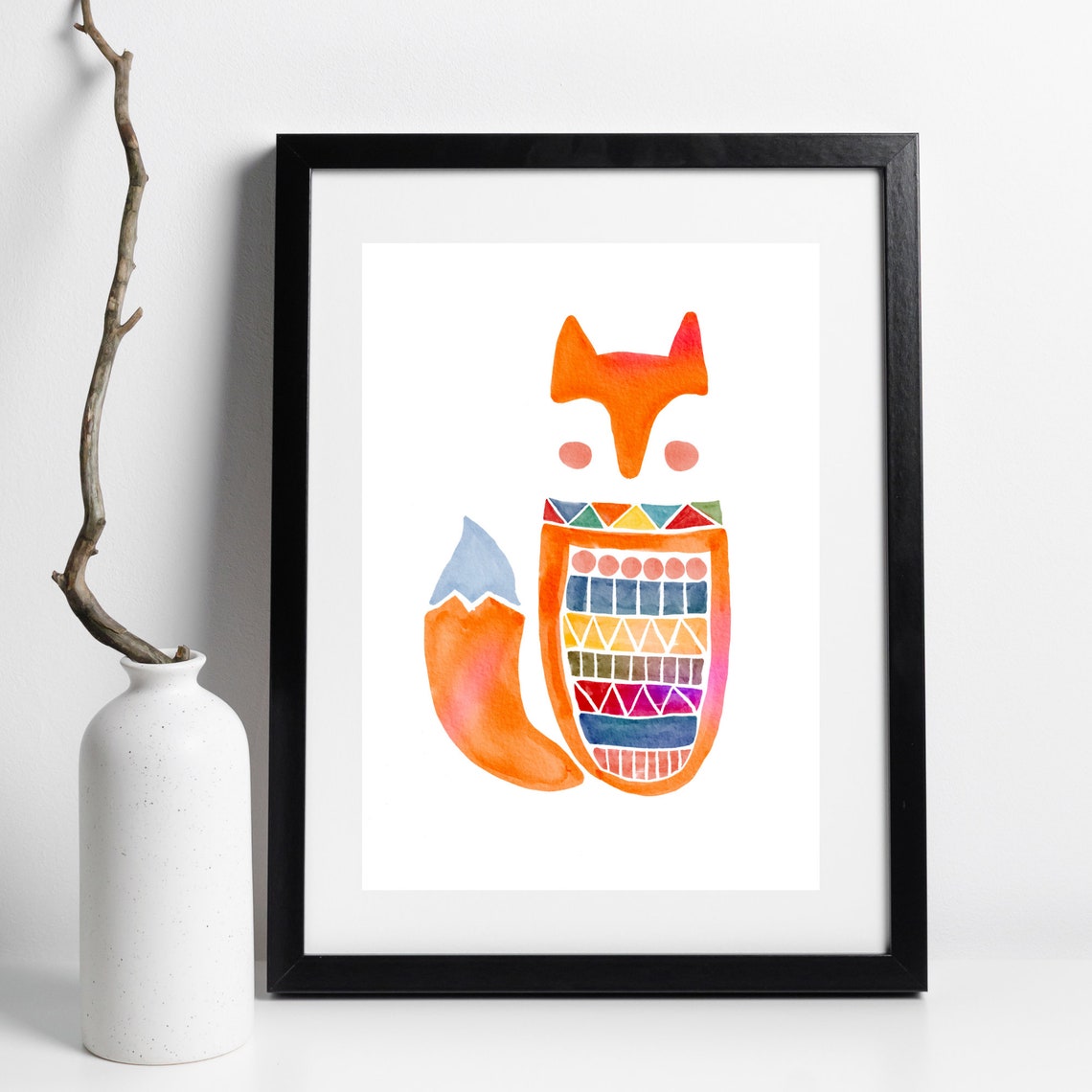 Orange Geometric Fox Tribal Ornament Watercolor Scandi Wall Art Poster - Image 2