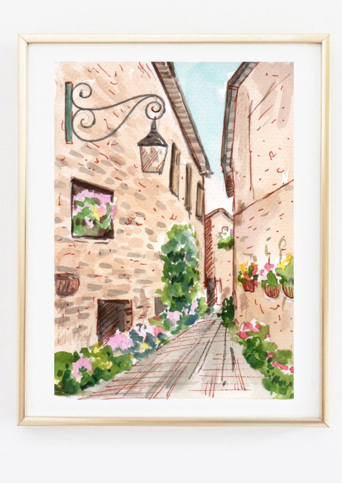Romantic Italian Old Town Alley Flowers Watercolor Travel Poster - Image 3