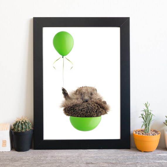 Cute Hedgehog Holding Green Balloon Lying Back Playful Animal Photo Poster