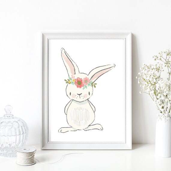 Cute Bunny Rabbit With Flower Crown Nursery Baby Room Art Print